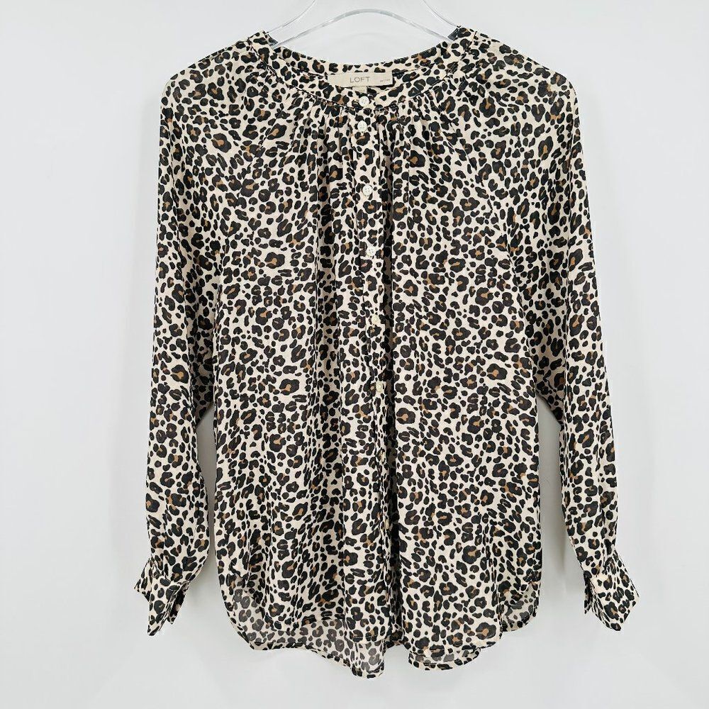 LOFT Size MP Tan & Black Animal Print Long Sleeve Sheer Button Down Blouse Top